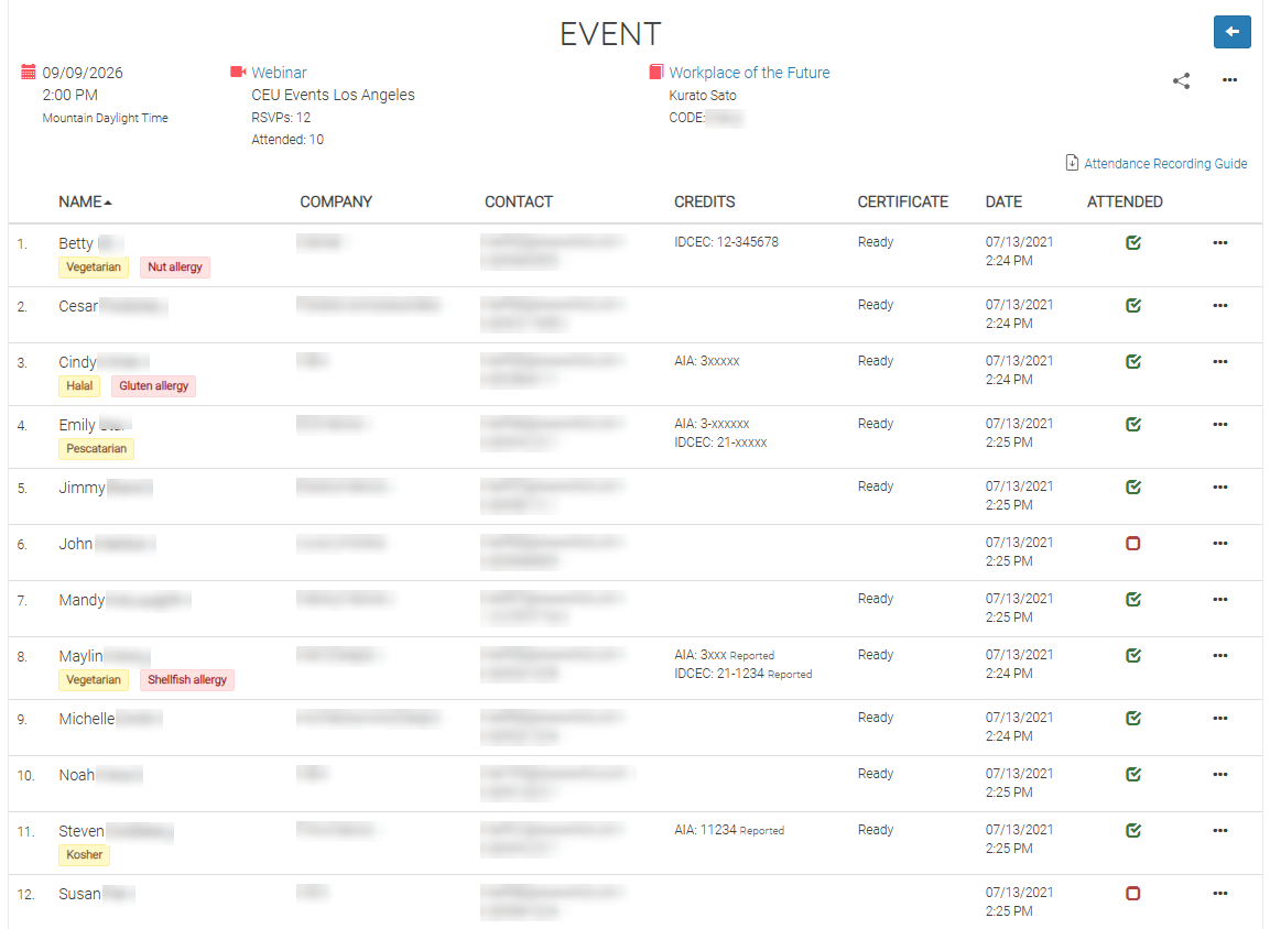 Attendee List Screenshot